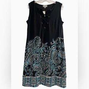 JM Collection Black and Blue Casual Paisley Shift Dress | L | NWT!